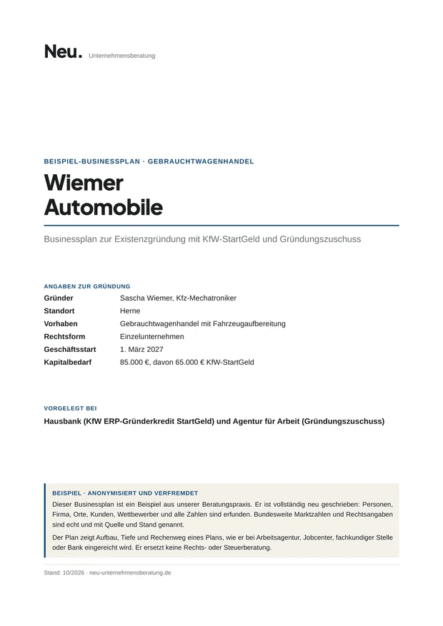Deckblatt Beispiel 16: Gebrauchtwagenhandel mit KfW-StartGeld