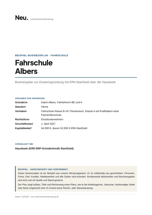 Deckblatt Beispiel 19: Fahrschule mit KfW-StartGeld