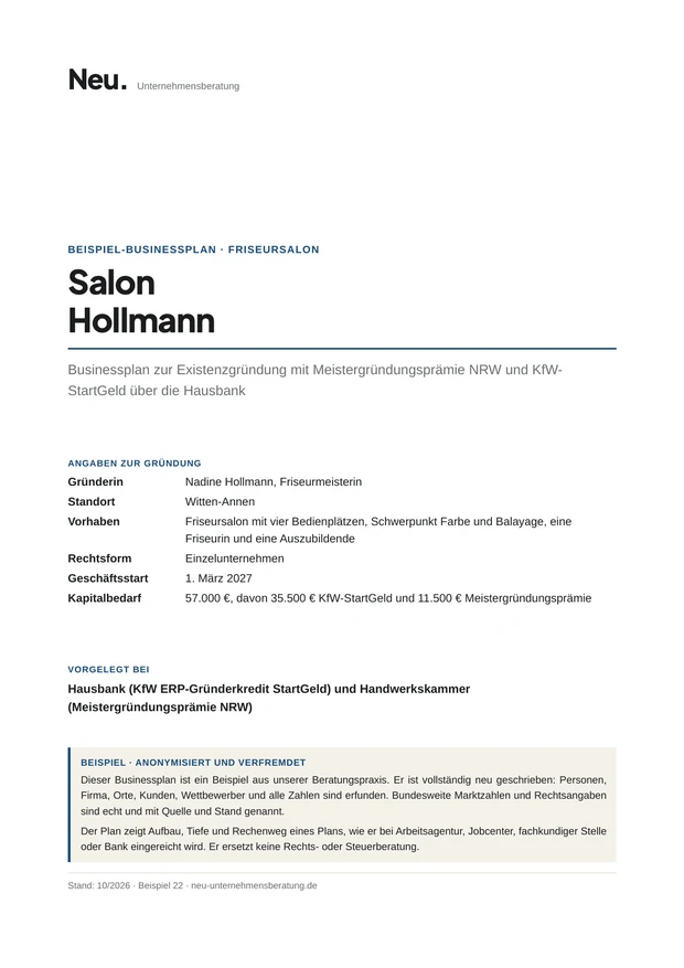 Deckblatt Beispiel 22: Friseursalon mit Meistergründungsprämie