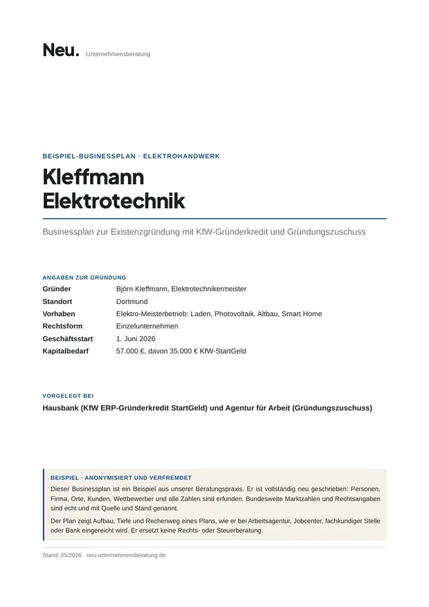 Deckblatt Beispiel 14: Elektro-Meisterbetrieb mit KfW-Kredit