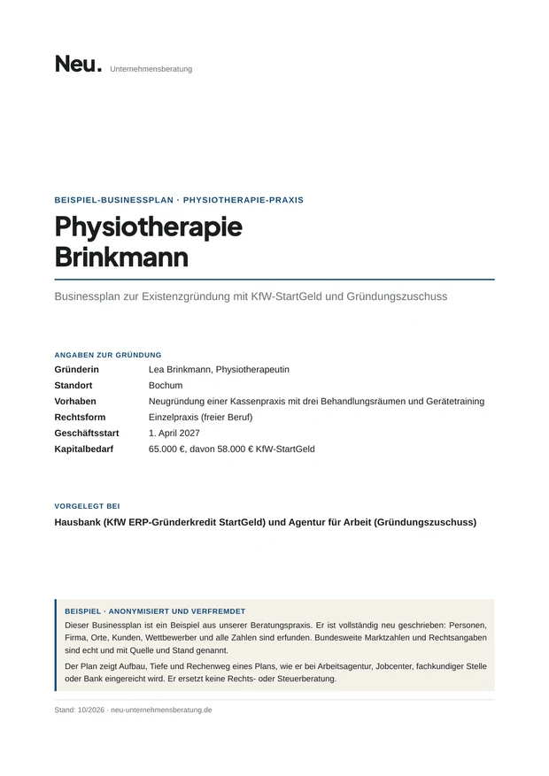 Deckblatt Beispiel 21: Physiotherapie-Praxis mit Gründungszuschuss