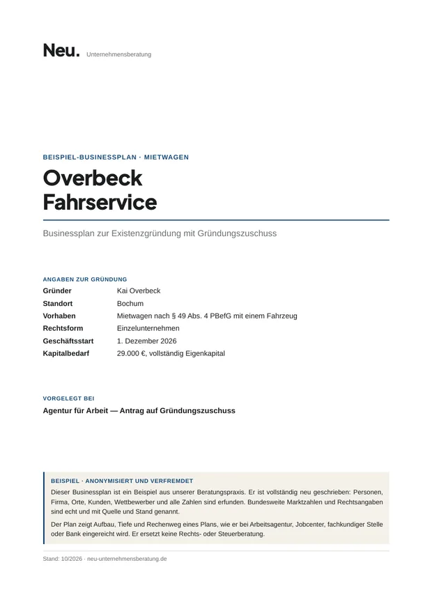 Deckblatt Beispiel 13: Mietwagen mit einem Fahrzeug