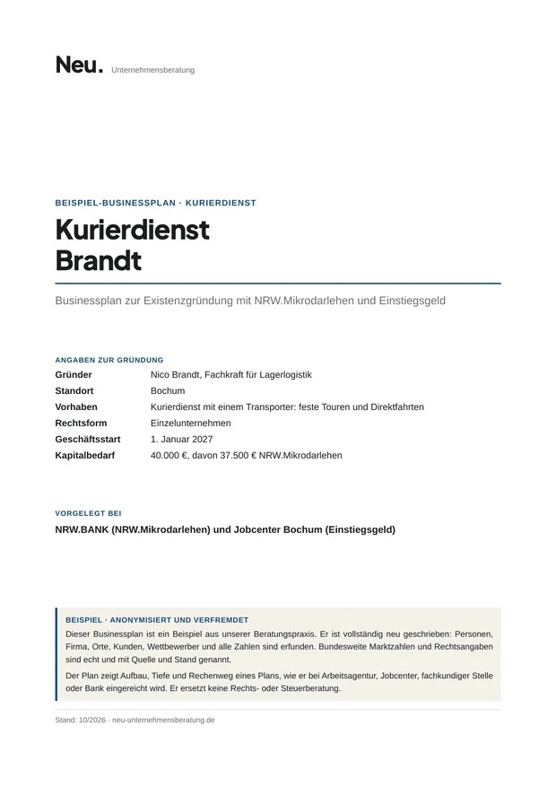 Deckblatt Beispiel 17: Kurierdienst mit Einstiegsgeld