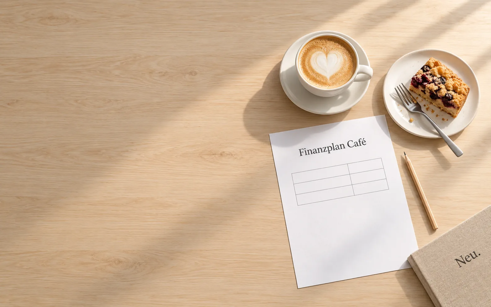 Cappuccino, ein Stück Kuchen und das Blatt „Finanzplan Café“ auf einem Holztisch