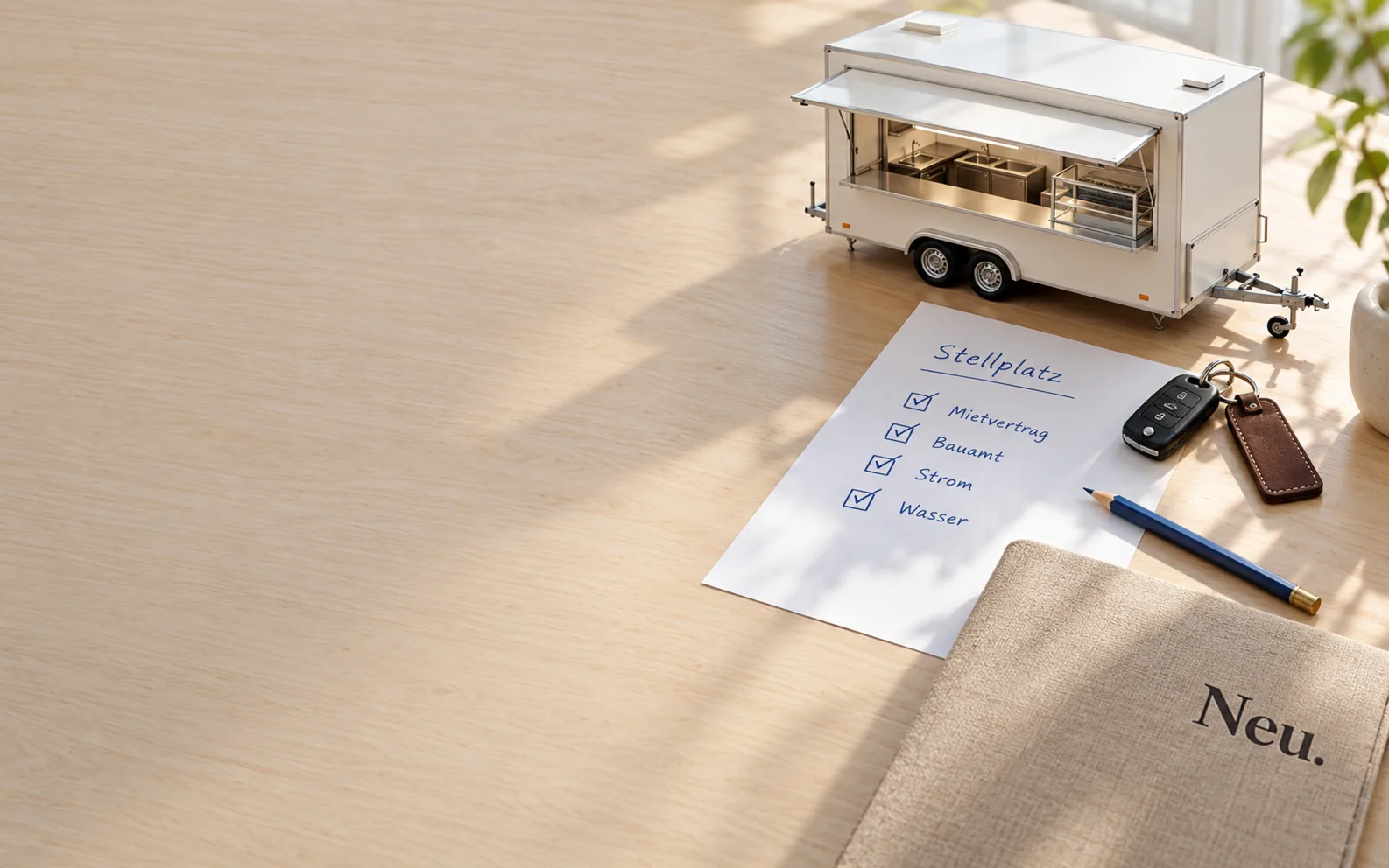 Modell eines Verkaufsanhängers, Autoschlüssel und ein Blatt „Stellplatz“ mit abgehakten Punkten auf dem Schreibtisch