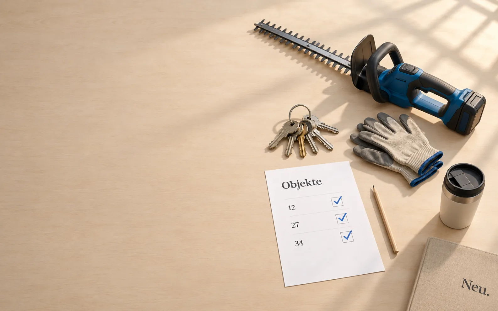 Schlüsselbund, Arbeitshandschuhe, Akku-Heckenschere und ein Blatt „Objekte“ auf dem Schreibtisch