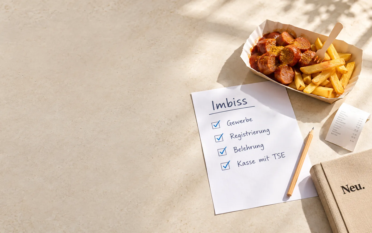 Pommes mit Currywurst, ein Blatt „Imbiss“ mit abgehakten Anmeldungen und ein Kassenbon auf dem Tisch