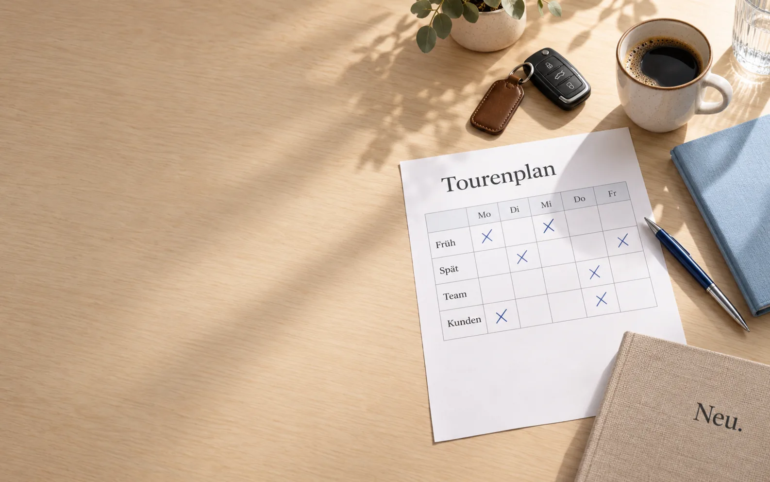 Schreibtisch mit Tourenplan, hellblauer Mappe, Autoschlüssel und Kaffee