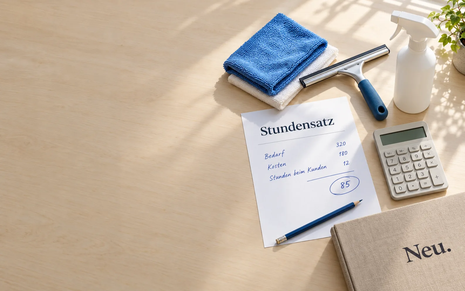 Mikrofasertücher, Fensterabzieher, Sprühflasche und ein Blatt „Stundensatz“ auf dem Schreibtisch