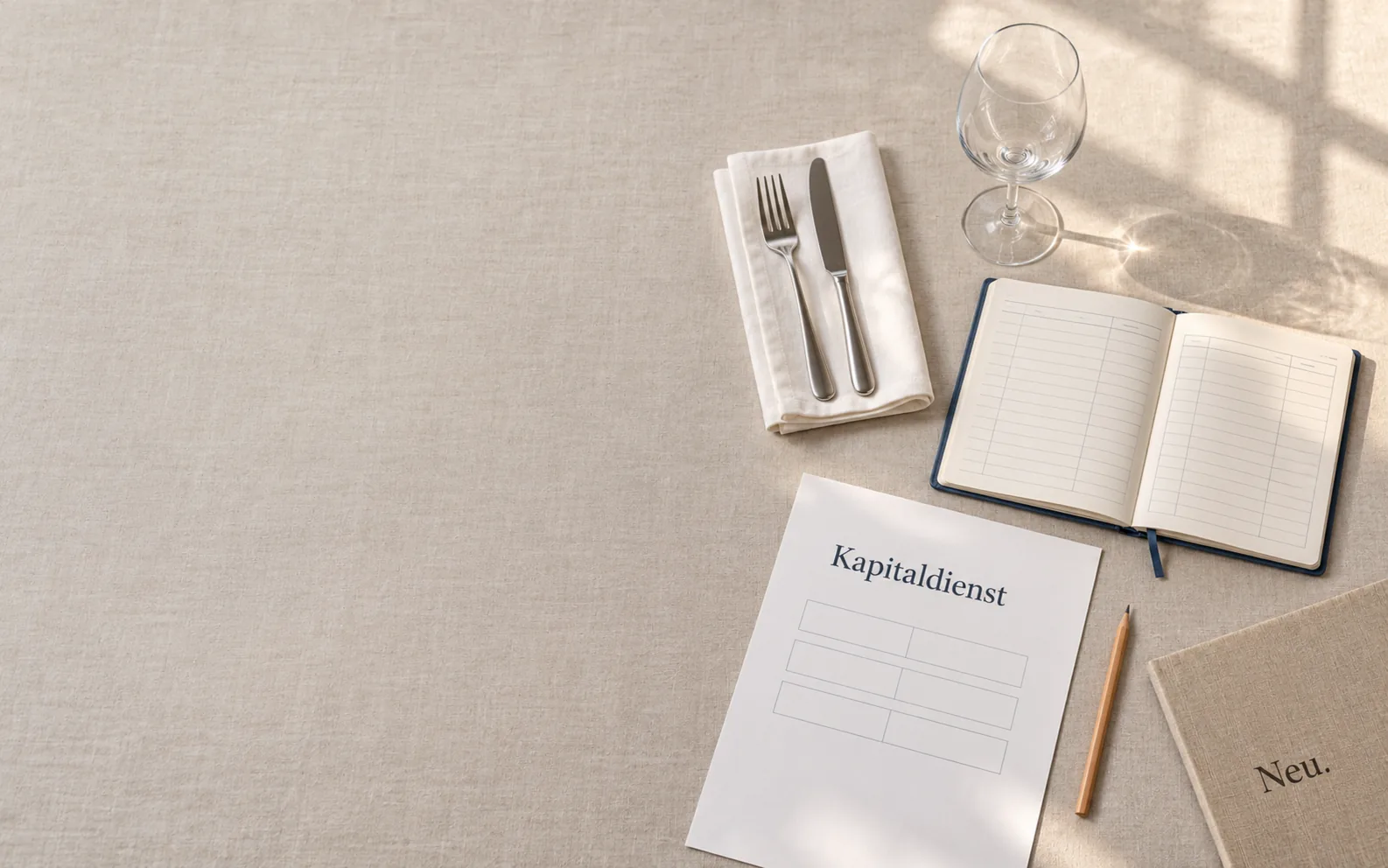 Gedeckter Tisch mit Serviette, Weinglas, Reservierungsbuch und einem Blatt „Kapitaldienst“