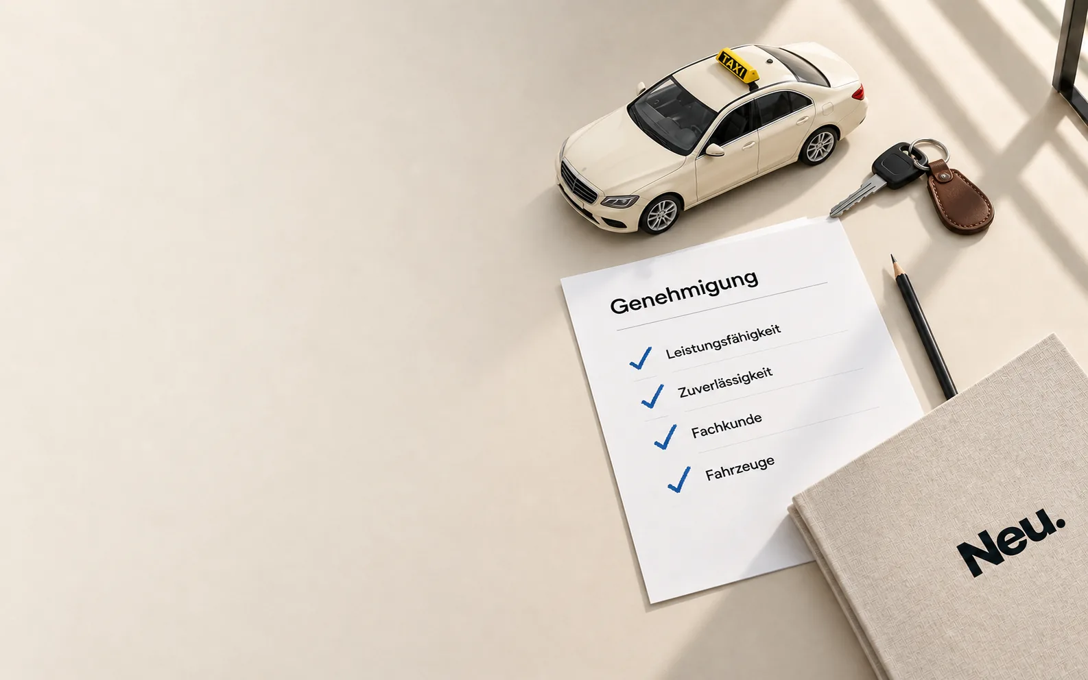 Ein Modell-Taxi, ein Autoschlüssel und ein Blatt „Genehmigung“ mit vier Häkchen neben der Mappe „Neu.“ auf einem hellen Tisch