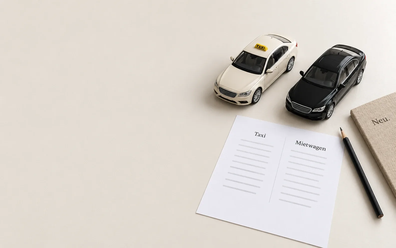 Modell eines hellen Taxis und eines schwarzen Mietwagens auf dem Tisch, davor ein Blatt mit den Spalten Taxi und Mietwagen